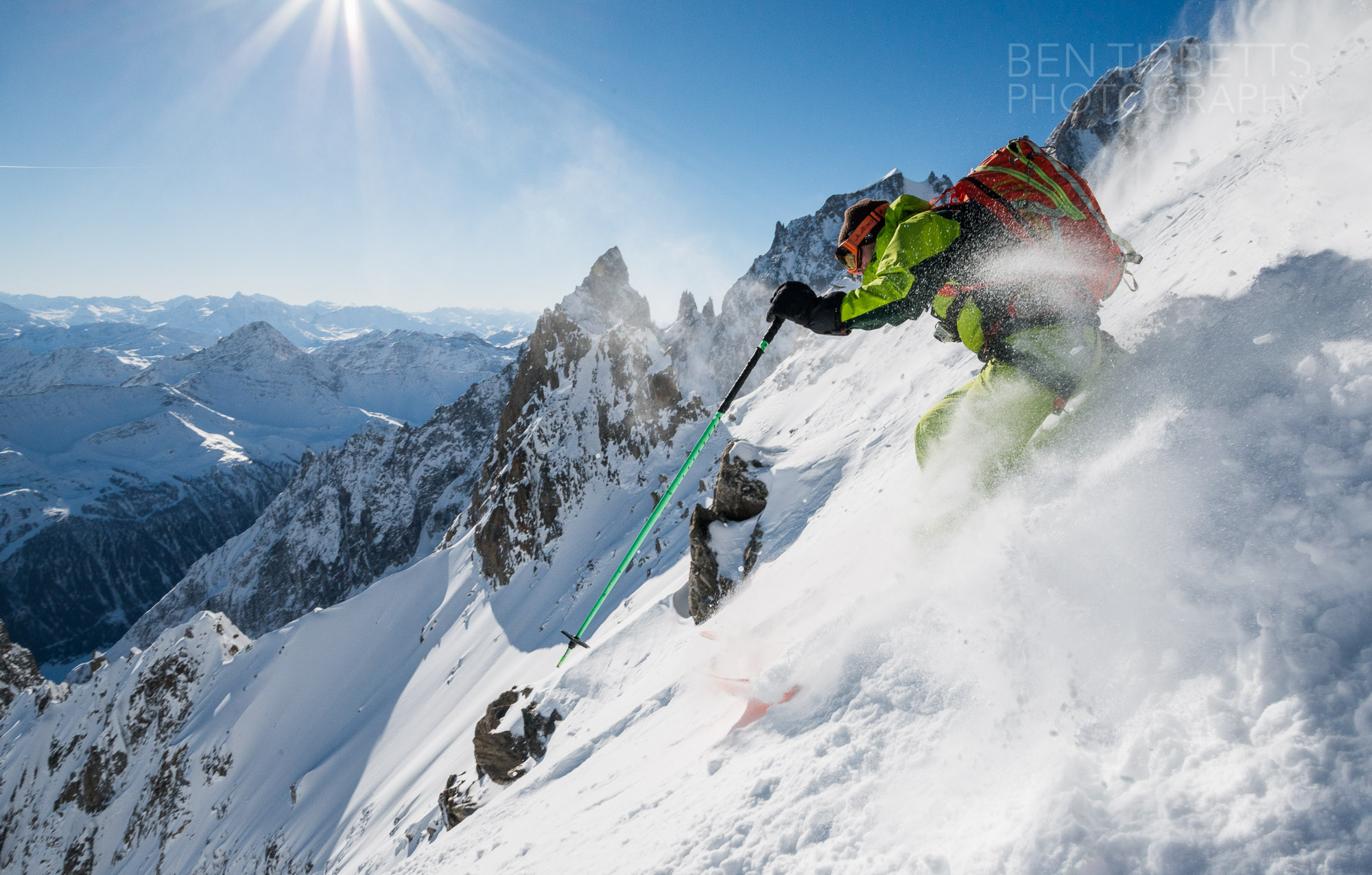 Ross Hewitt in front of Peuterey Ridge of Mont Blanc by Ben Tibbetts