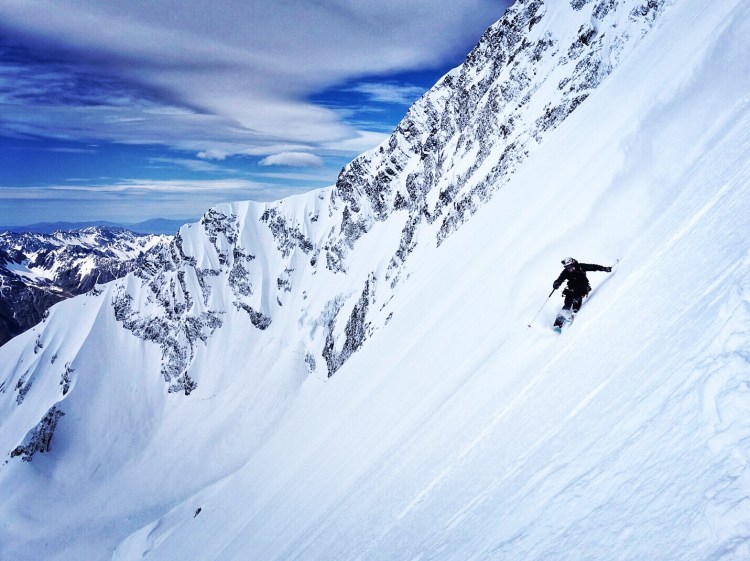 Ross Hewitt skiing East Face of Aoraki / Mount Cook NZ by Dave Searle